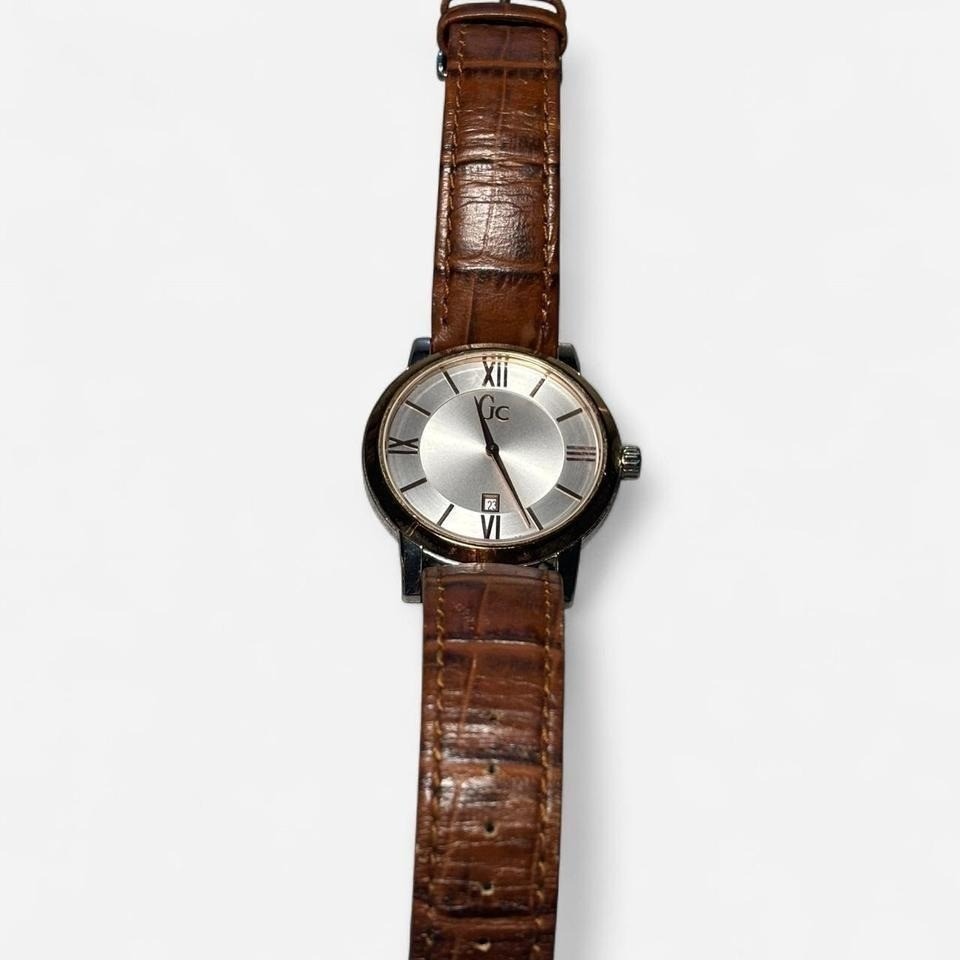 Gc Swiss Made Watch Silver Dial Brown Leather Band Date Window Sapphire Crystal